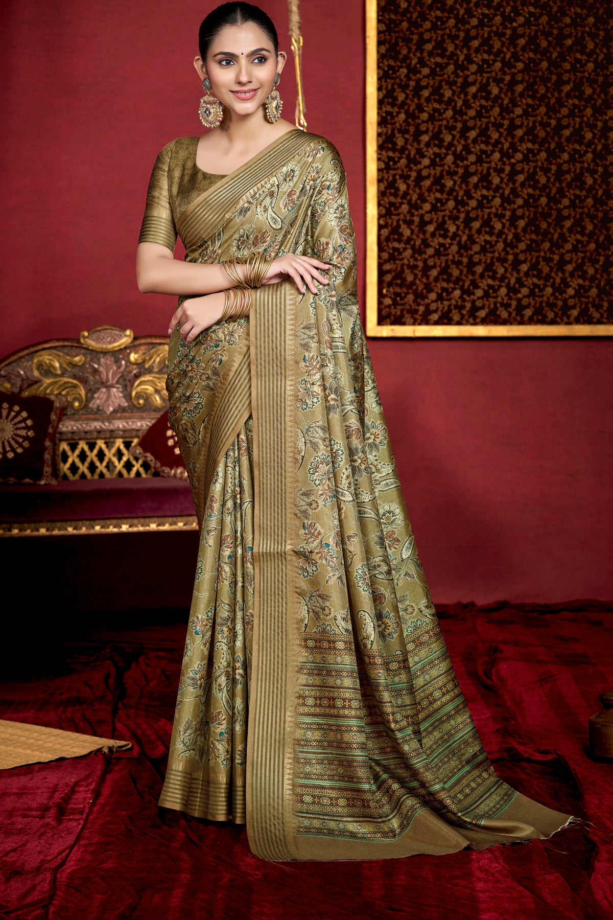 Veera - Olive Green Soft Silk Digital Printed Saree with Woven Border