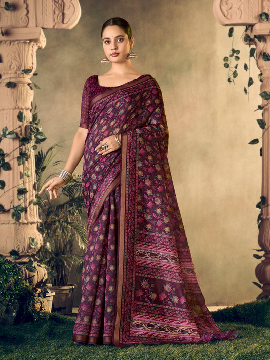 Amrapali - Purple Chanderi Cotton Digital Printed Saree with Zari Border