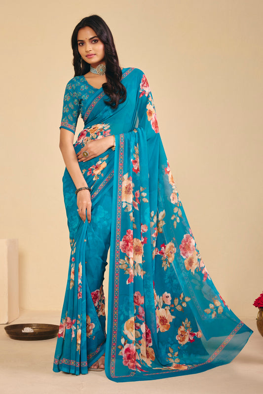 Twisha - Firozi Georgette Digital Printed Saree