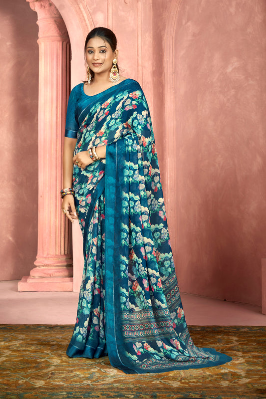Samriddhi – Blue Moss Georgette Digital Print Saree with Satin Patta Border