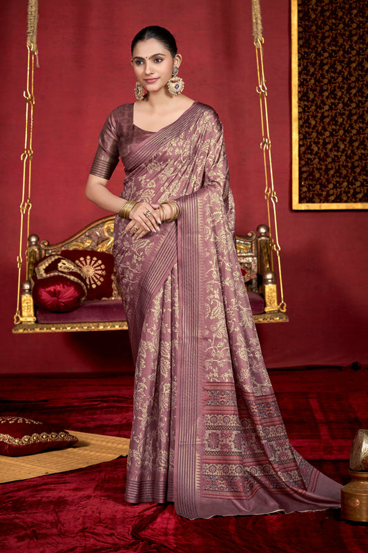 Veera - Purple Soft Silk Digital Printed Saree with Woven Border