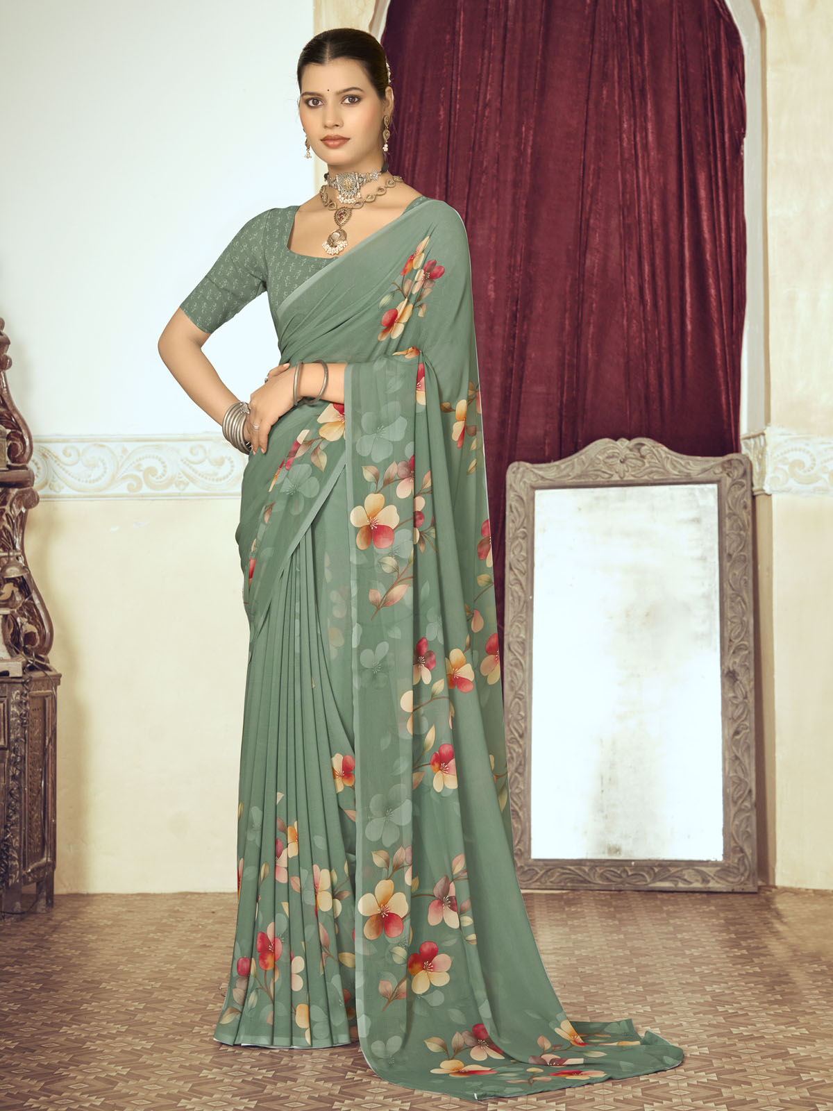Riddhi - Olive Green Georgette Floral Digital Printed Saree
