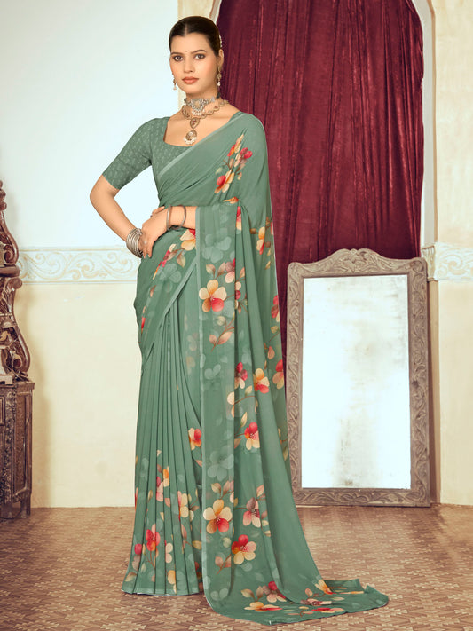Riddhi - Olive Green Georgette Floral Digital Printed Saree