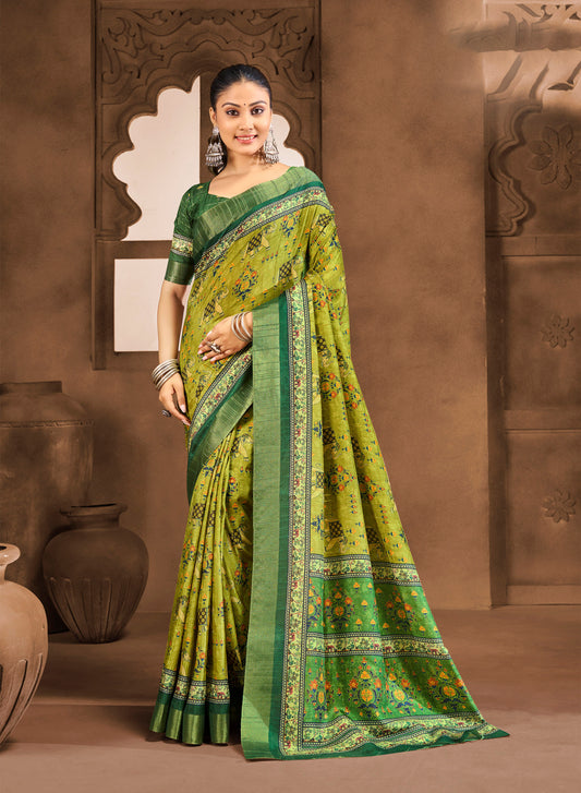 Devsena – Lime Green Silk Digital Print Saree