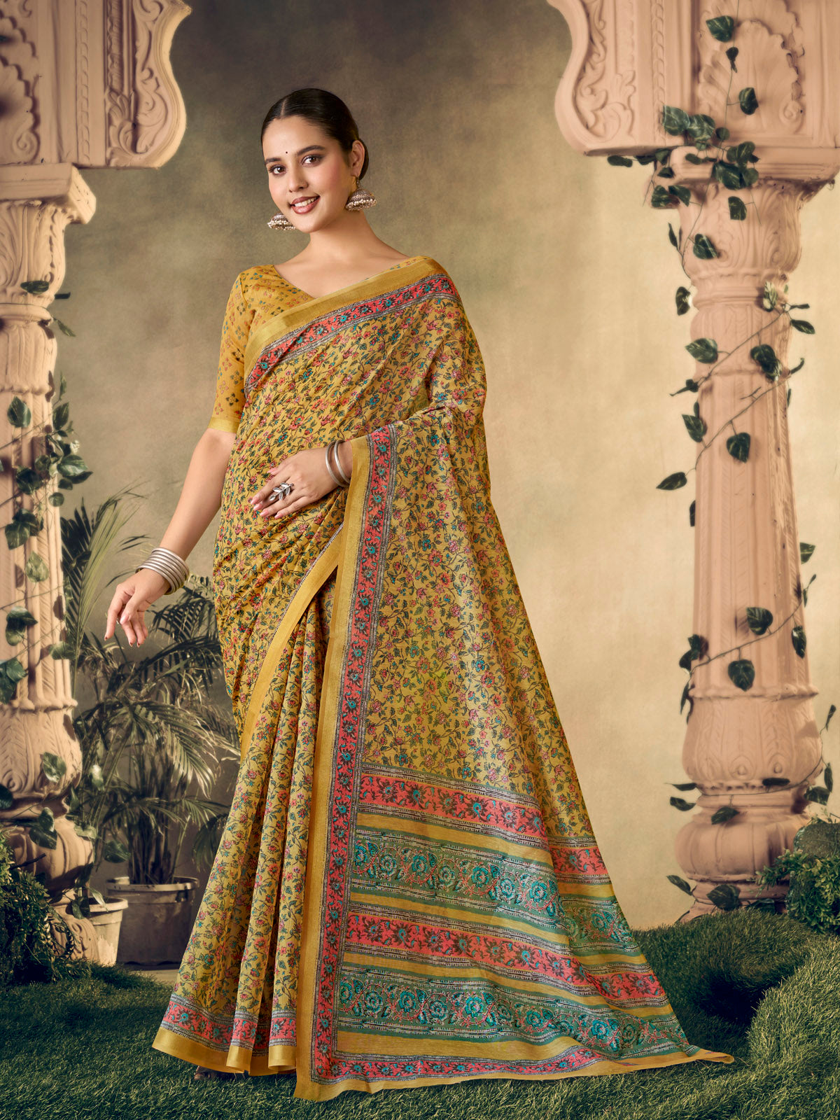 Amrapali - Yellow Chanderi Cotton Digital Printed Saree with Zari Border