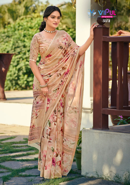Riddhi - Beige Georgette Floral Digital Printed Saree