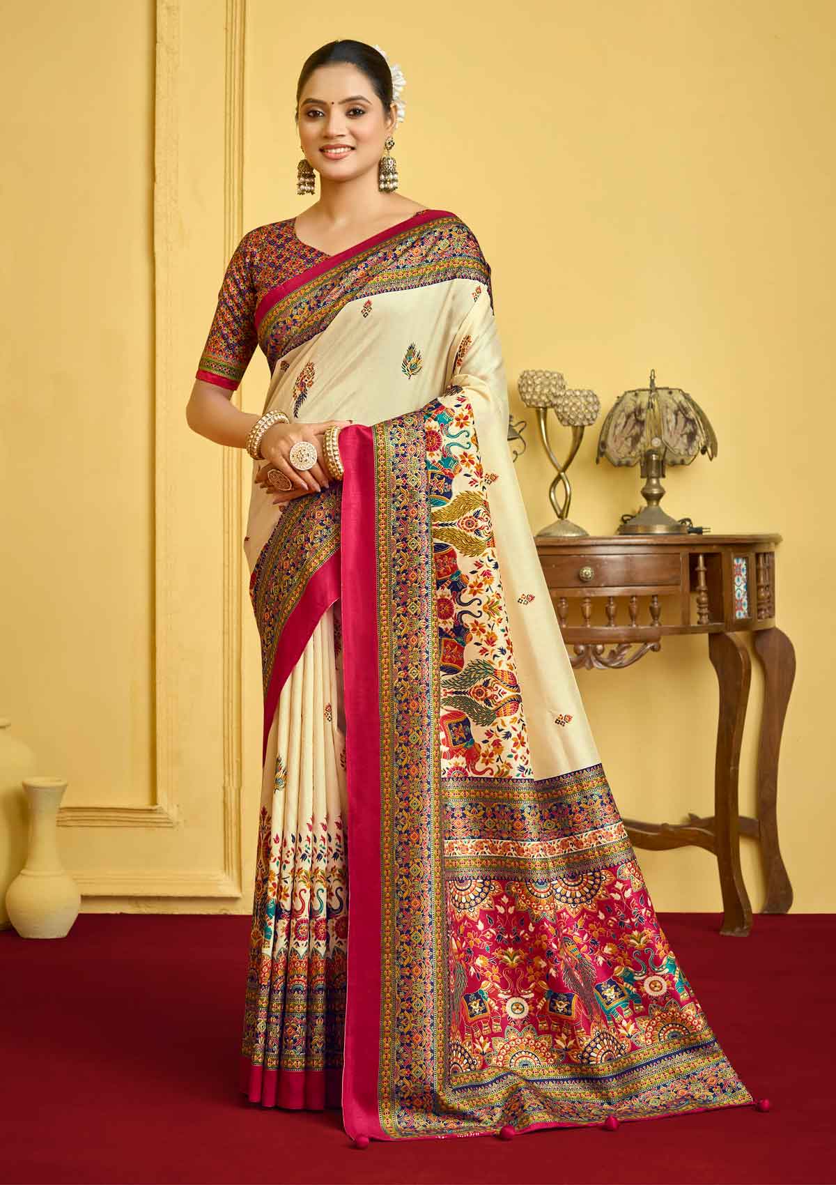 Kumuda - Cream Silk Printed Saree with Delicate Foil Work