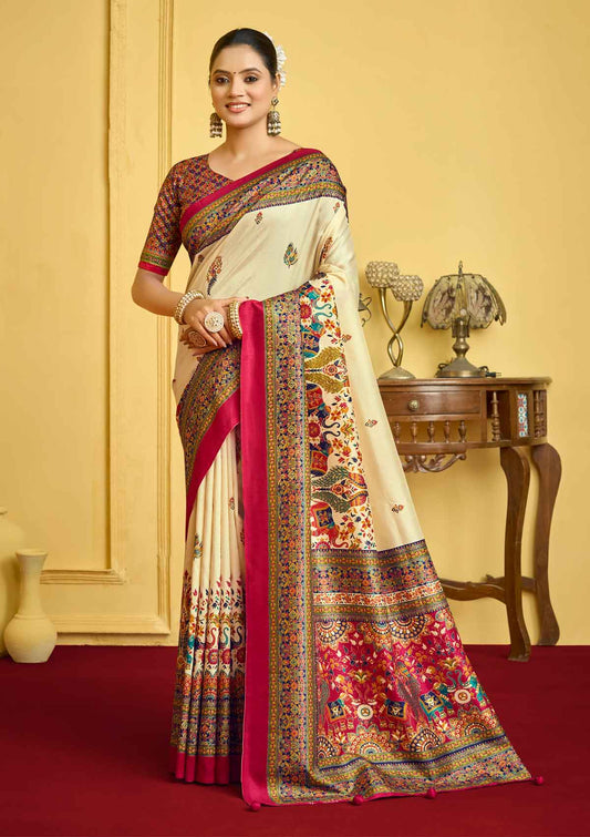 Kumuda - Cream Silk Printed Saree with Delicate Foil Work