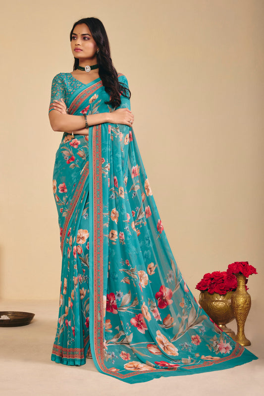 Twisha - Green Georgette Digital Printed Saree