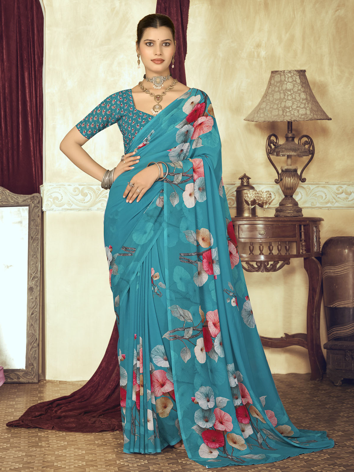 Riddhi - Firozi Georgette Floral Digital Printed Saree