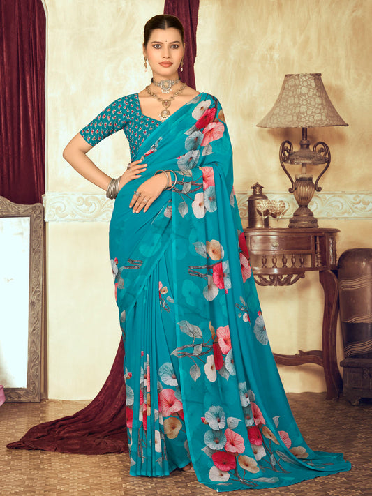 Riddhi - Firozi Georgette Floral Digital Printed Saree