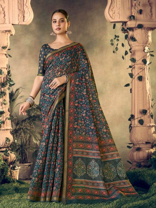 Amrapali - Navy Blue Chanderi Cotton Digital Printed Saree with Zari Border