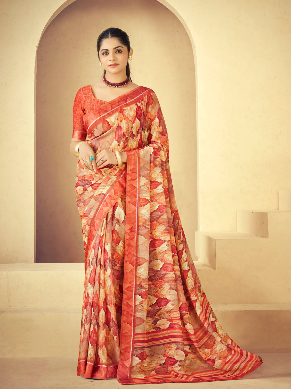 Samriddhi - Orange Moss Georgette Digital Print Saree with Satin Patta Border