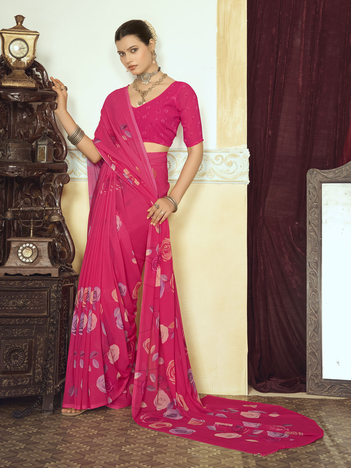 Riddhi - Pink Georgette Floral Digital Printed Saree