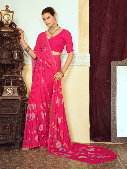 Riddhi - Pink Georgette Floral Digital Printed Saree