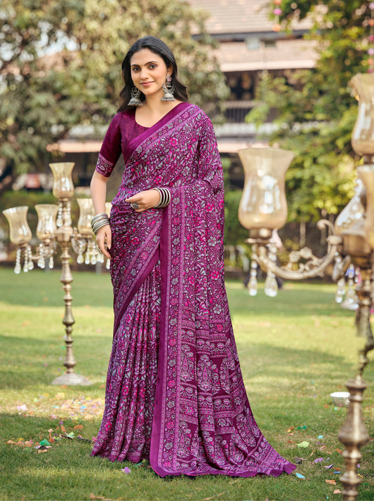 Rajkala - Purple Printed Crepe Silk Saree