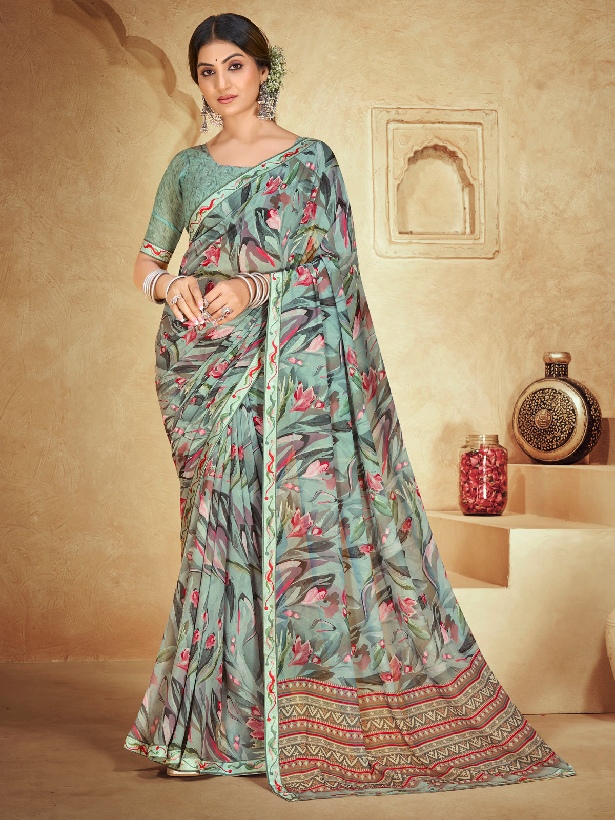 Sumedha - Sea Green Digital Printed Georgette Saree