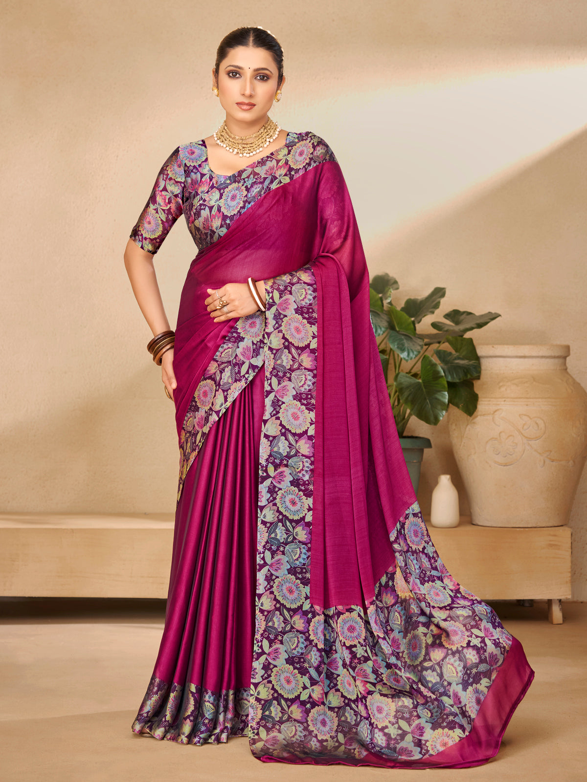 Ekvarna - Purple Printed Chiffon Saree