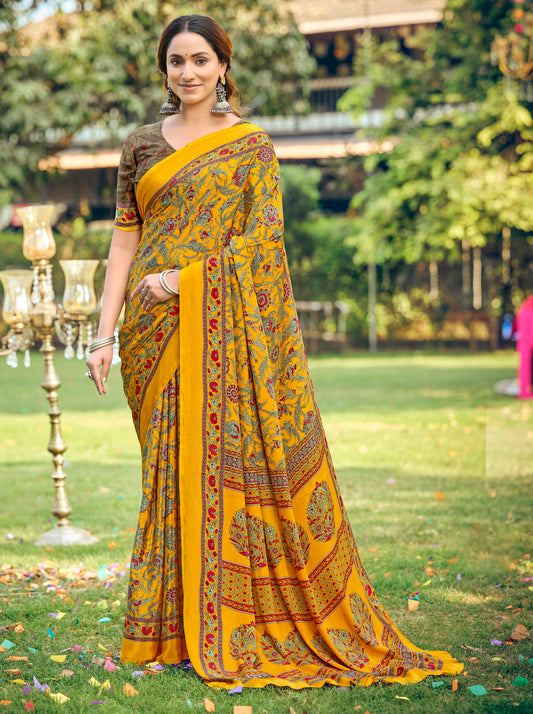 Rajkala - Yellow Printed Crepe Silk Saree