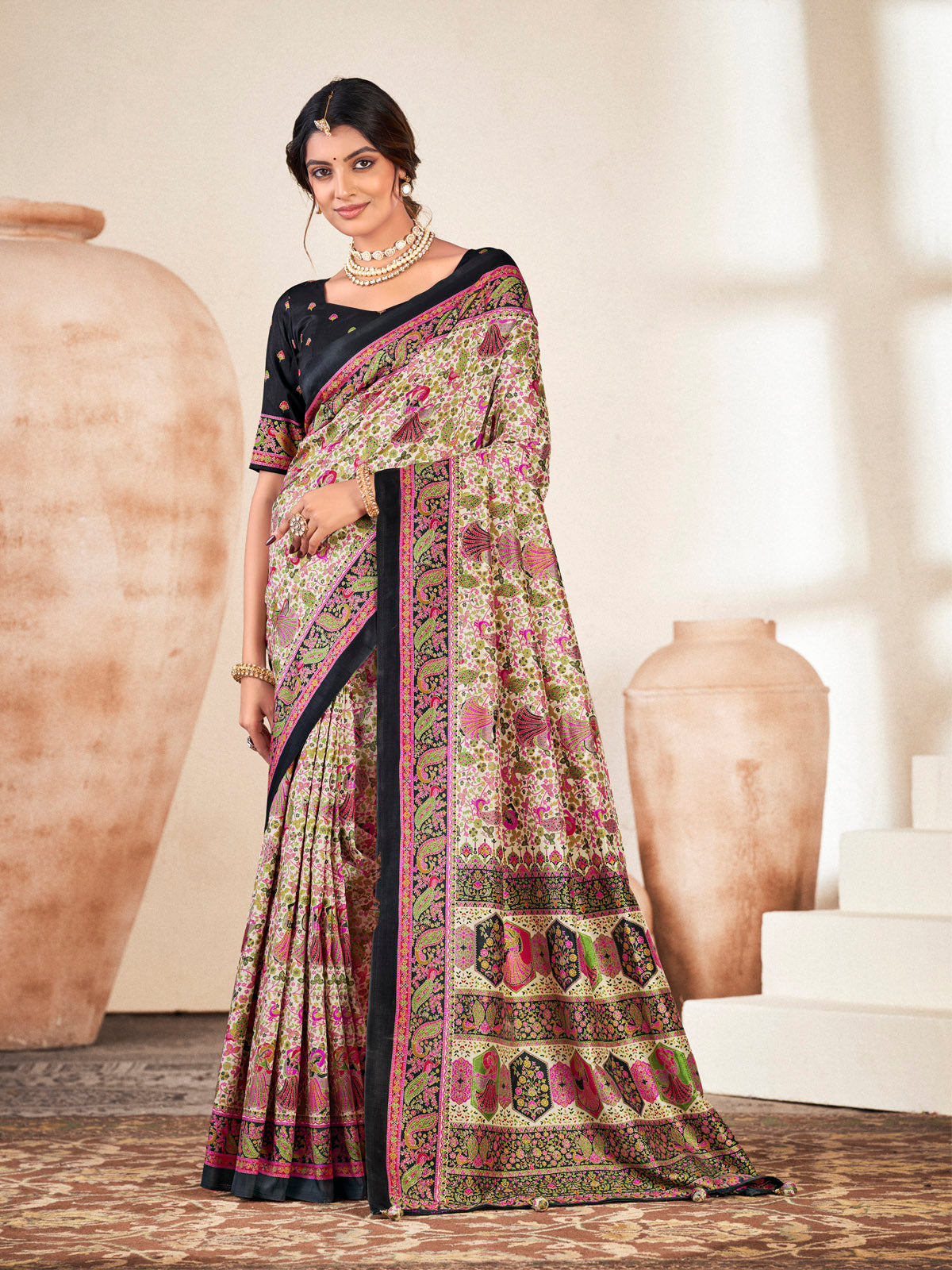 Kumuda - Black Mysore Silk Jari Printed with Tessals