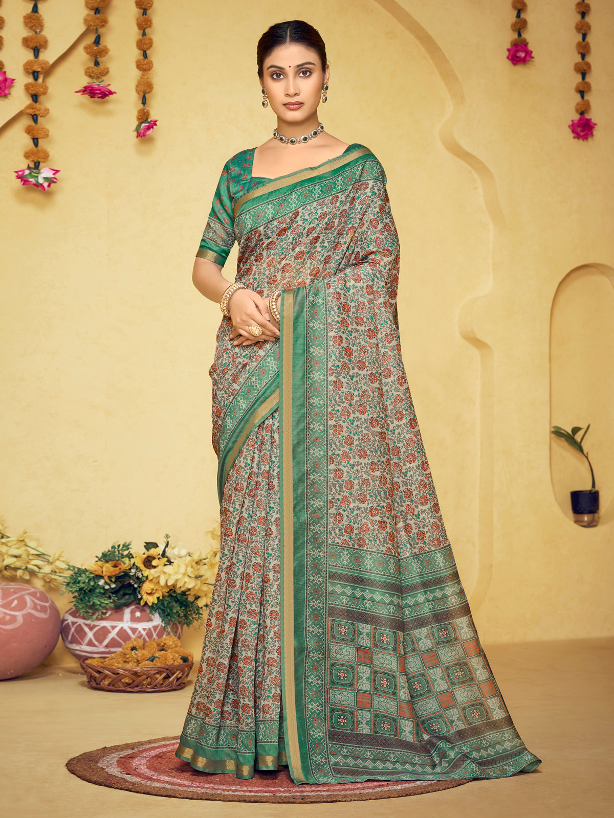 Amrapali - Sea Green Chanderi Cotton Digital Printed Saree with Zari Border