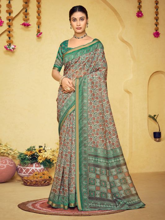 Amrapali - Sea Green Chanderi Cotton Digital Printed Saree with Zari Border