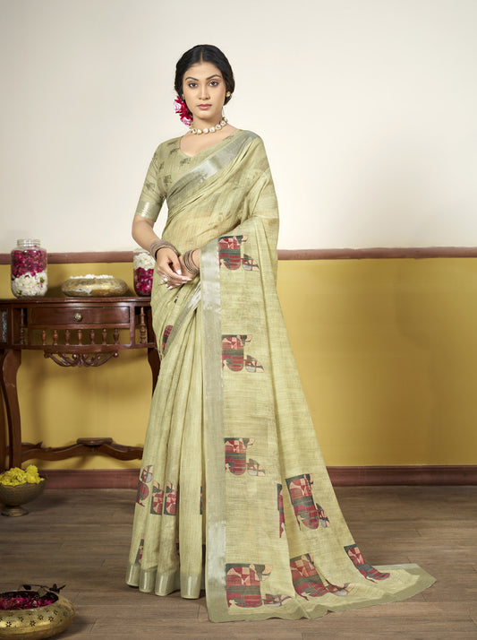 Rachna - Lime Green Linen Digital Print Saree with Woven Border