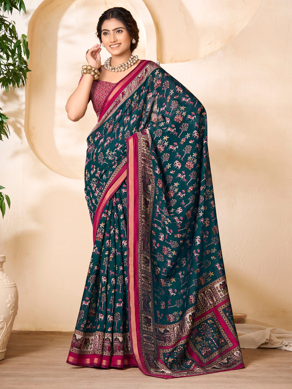 Monalisa - Blue Chanderi Cotton Printed Saree with Classic Folk Art Print