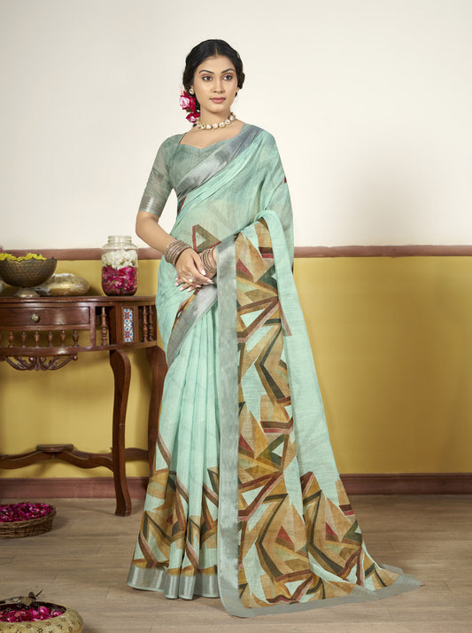 Rachna - Teal Linen Digital Print Saree with Woven Border