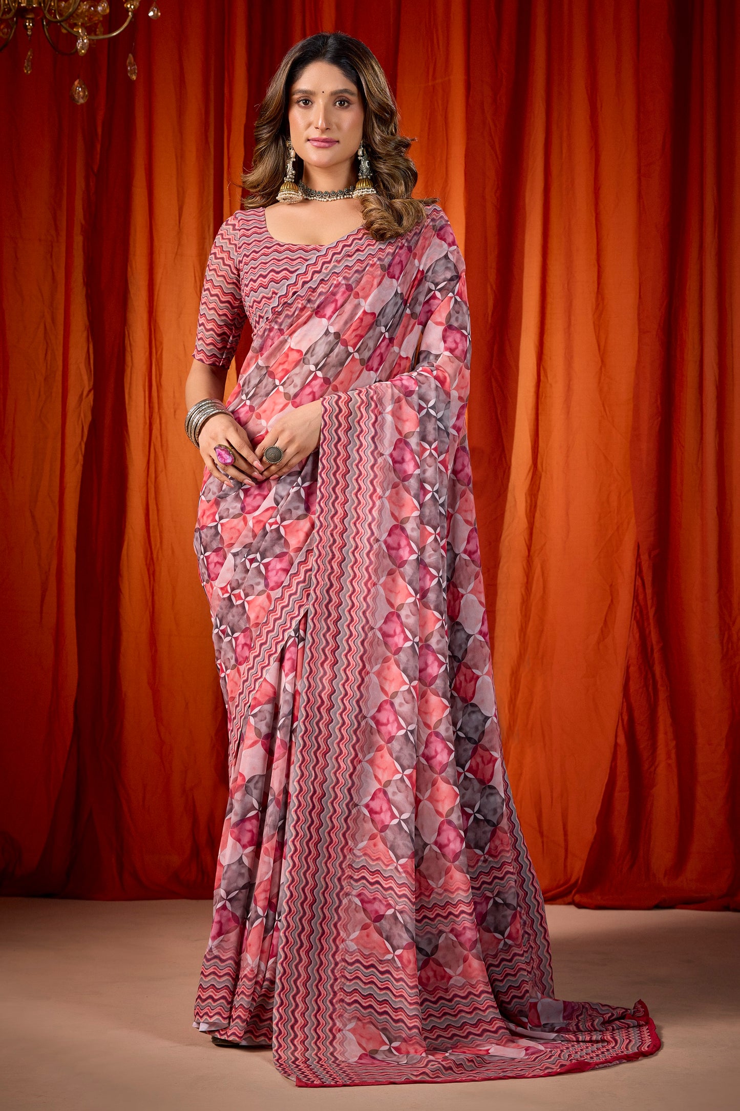 Shraddha - Red Georgette Digital Printed Saree