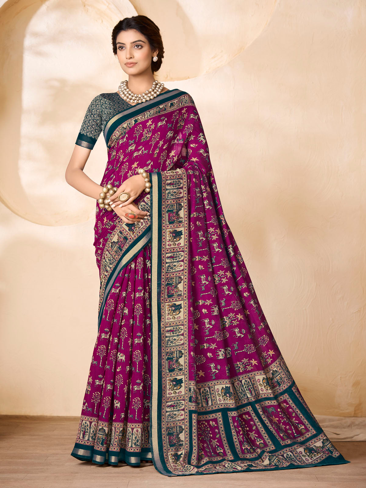 Monalisa - Purple Chanderi Cotton Printed Saree with Classic Folk Art Print