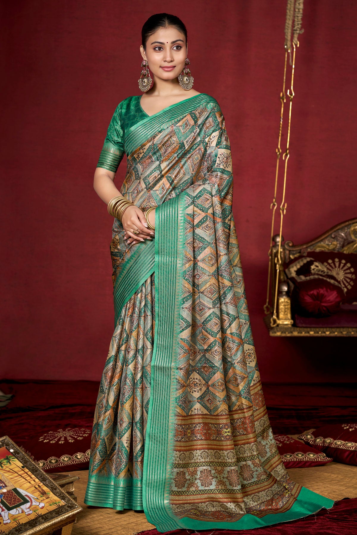 Veera - Sea Green Soft Silk Digital Printed Saree with Woven Border