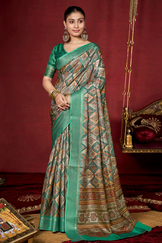 Veera - Sea Green Soft Silk Digital Printed Saree with Woven Border
