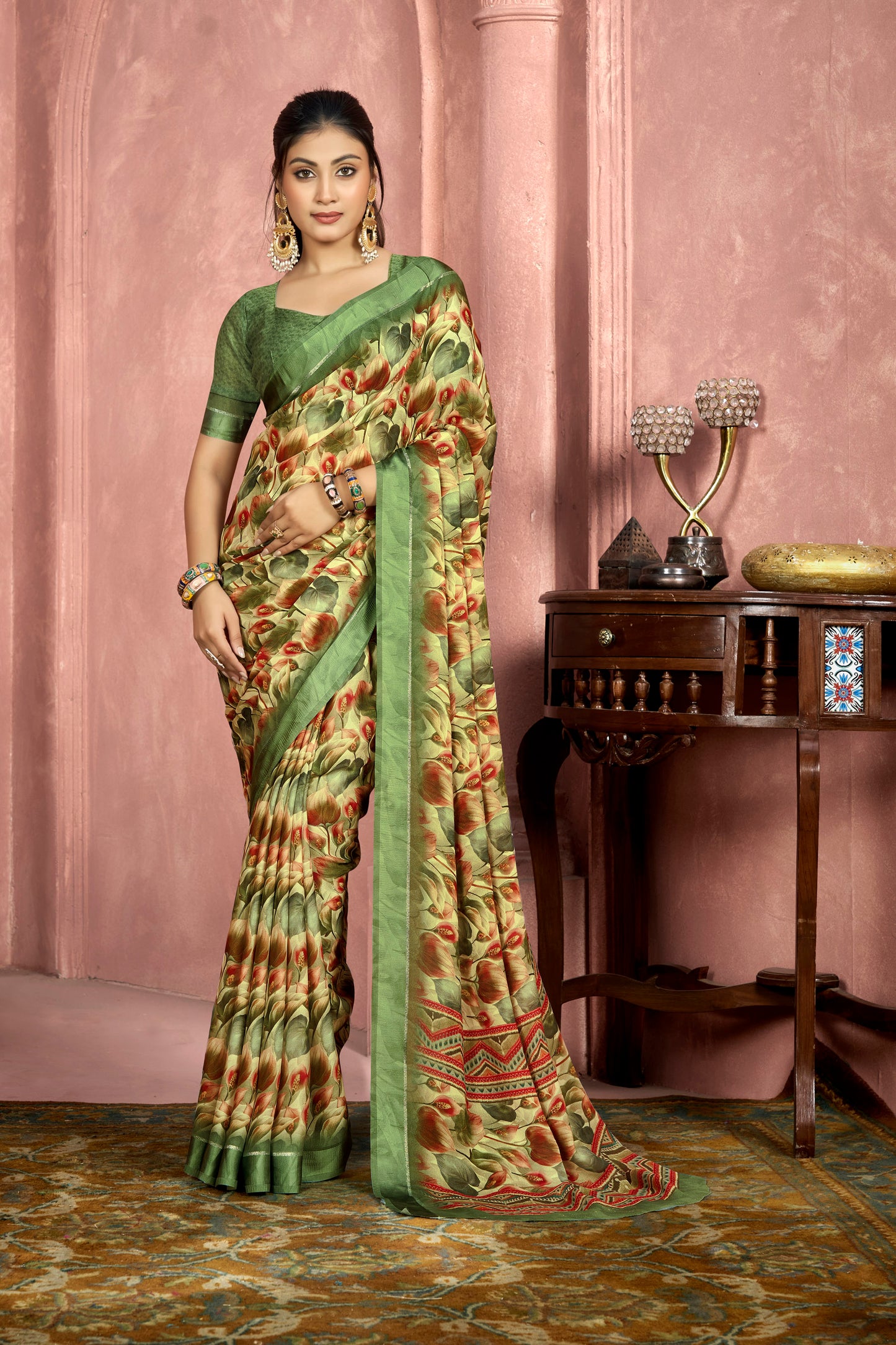 Samriddhi – Green Moss Georgette Digital Print Saree with Satin Patta Border