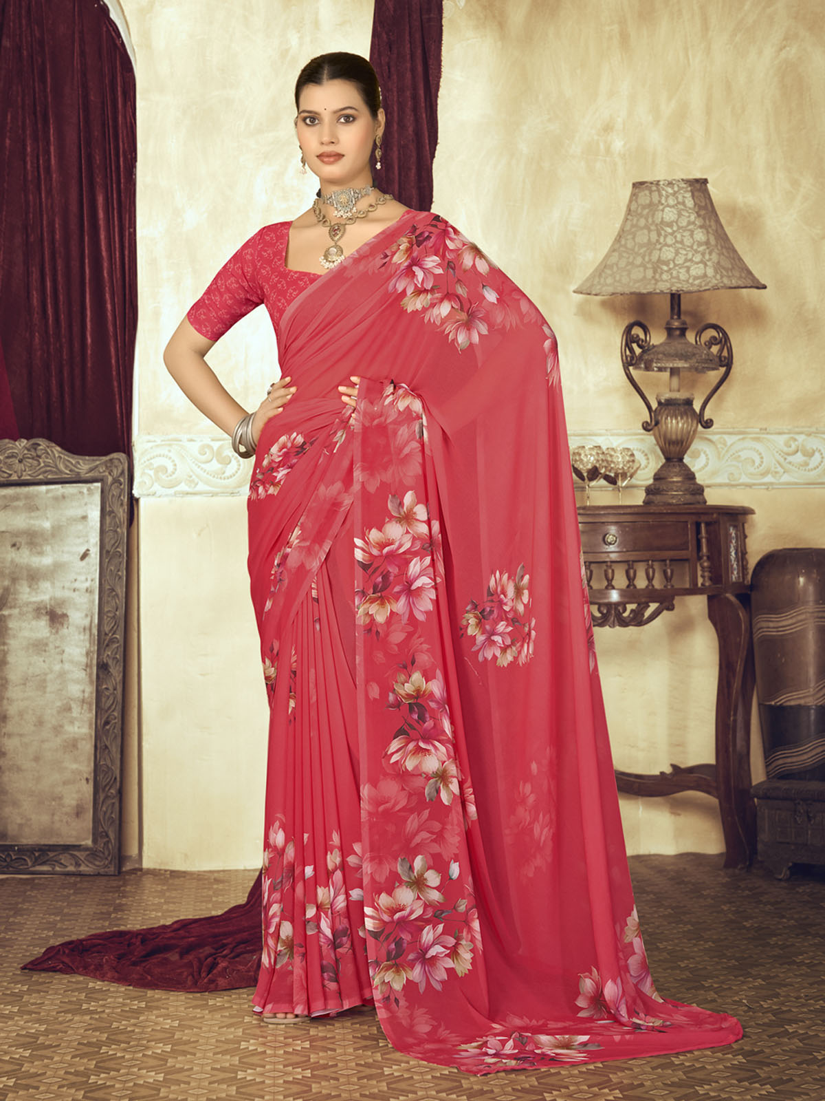 Riddhi - Red Georgette Floral Digital Printed Saree