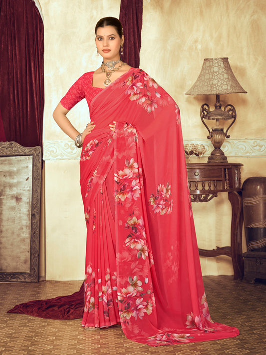 Riddhi - Red Georgette Floral Digital Printed Saree