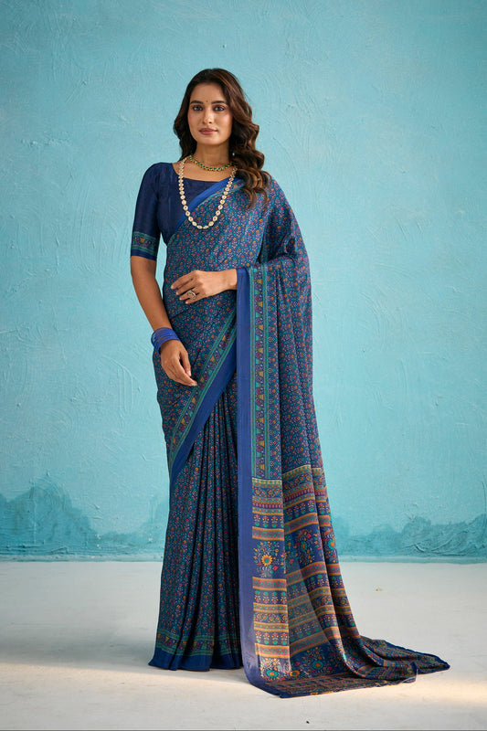 Rajkala - Blue Floral Printed Crepe Silk Saree