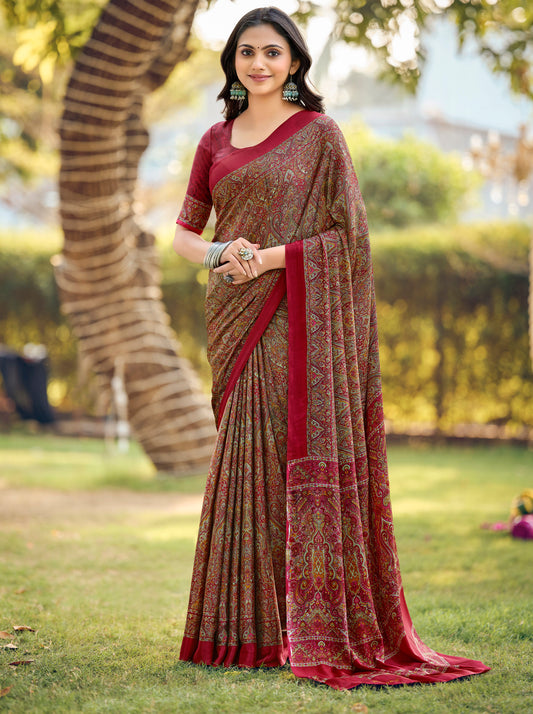 Rajkala - Red Printed Crepe Silk Saree
