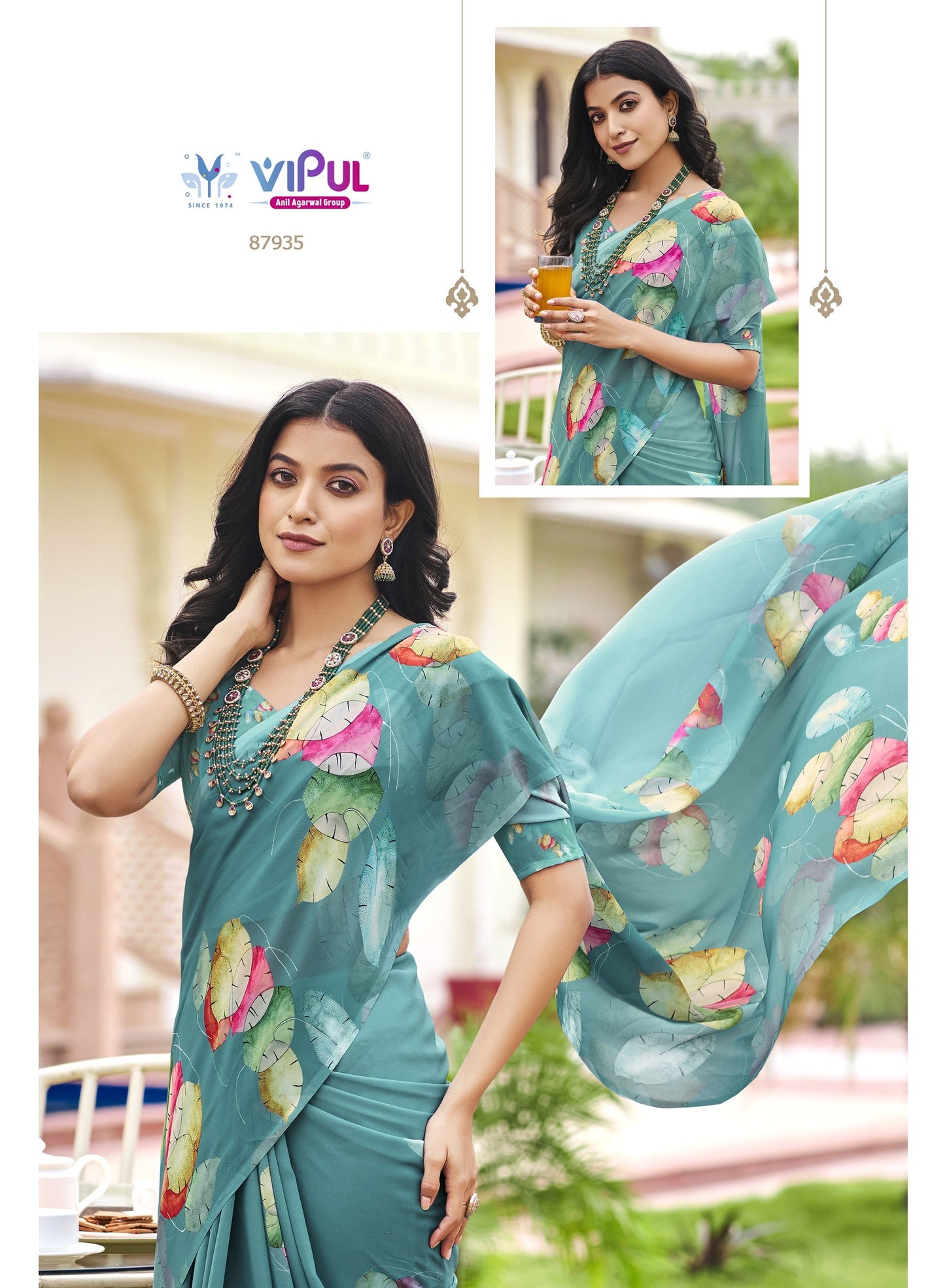 Twisha - Teal Blue Georgette Floral Digital Printed Saree