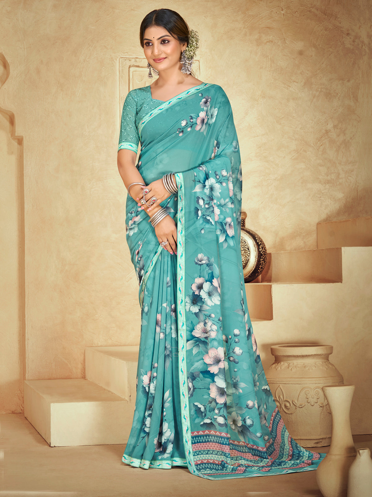 Sumedha - Teal Digital Printed Georgette Saree