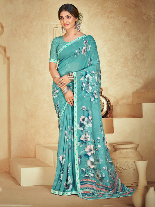 Sumedha - Teal Digital Printed Georgette Saree