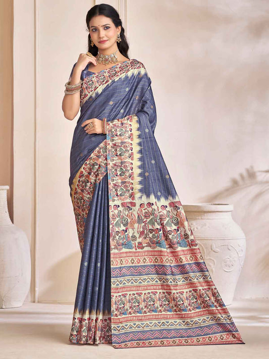 Rutvaa - Royal Blue Digital Printed Silk Saree