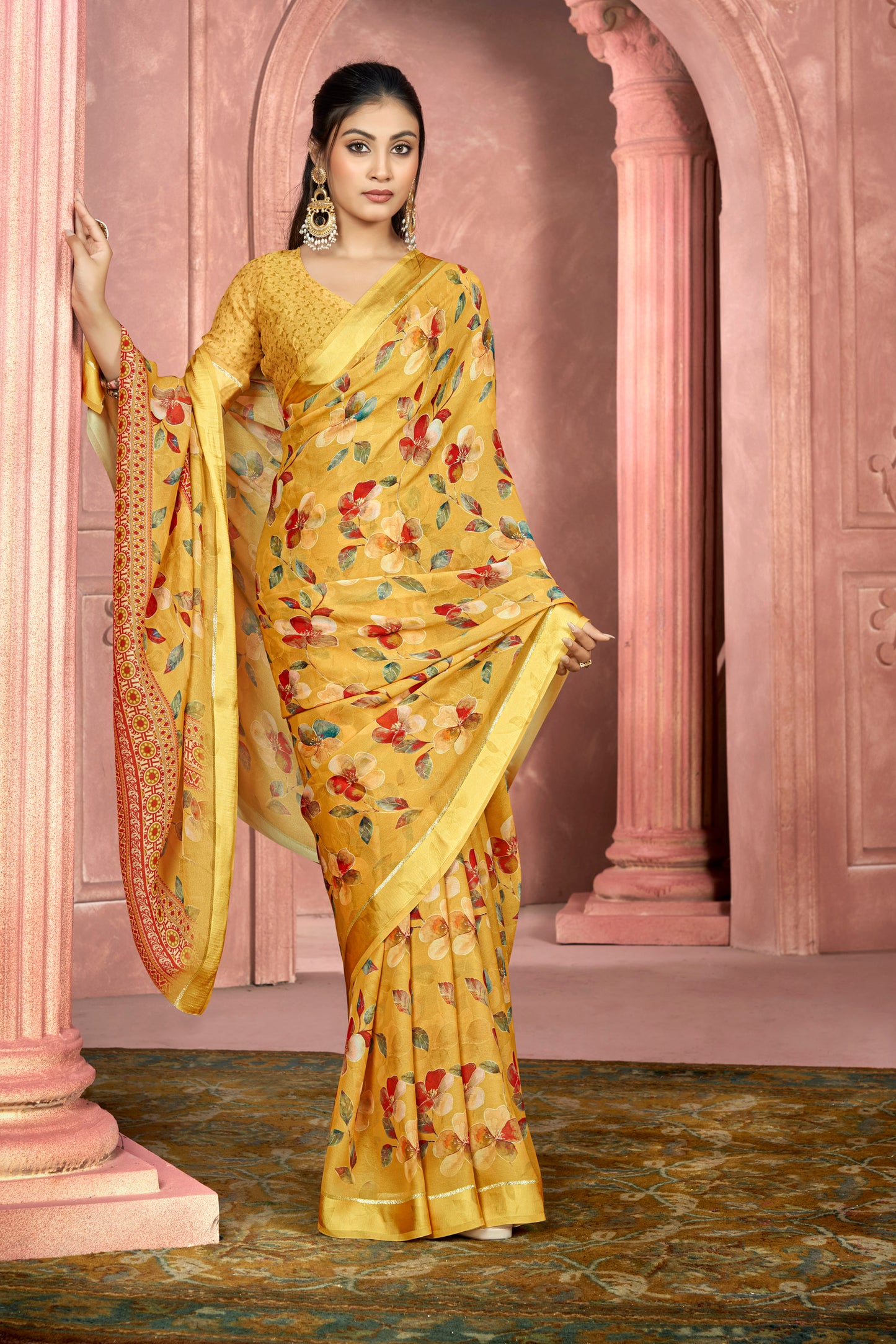 Samriddhi – Yellow Moss Georgette Digital Print Saree with Satin Patta Border