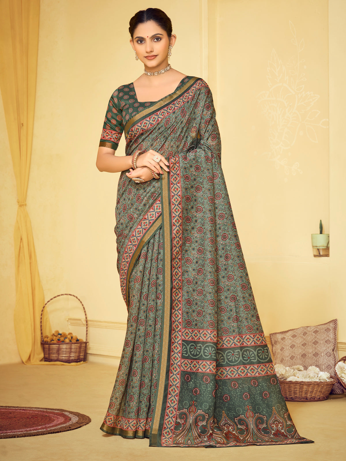 Amrapali - Green Chanderi Cotton Digital Printed Saree with Zari Border