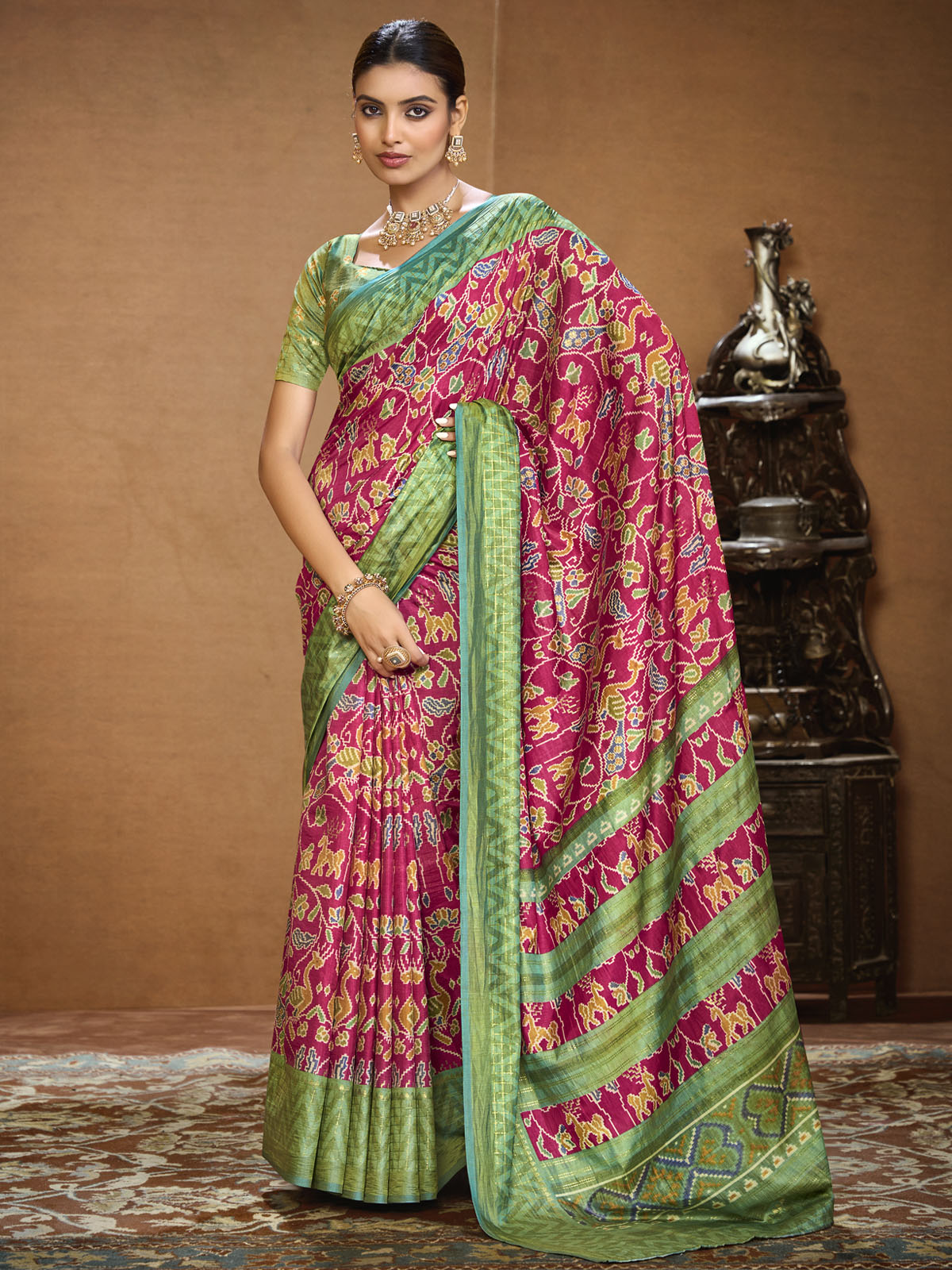 Sentosa - Pink Patola Silk Printed Saree with Figure Print