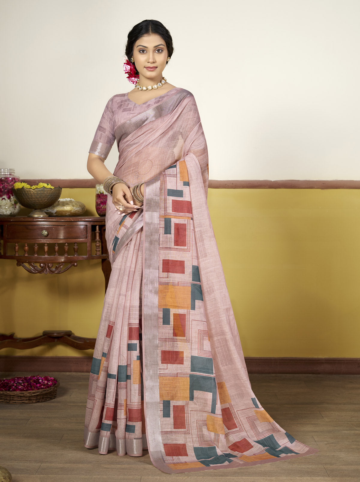 Rachna - Green Linen Digital Print Saree with Woven Border