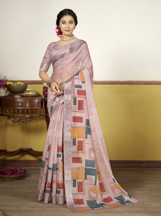 Rachna - Green Linen Digital Print Saree with Woven Border