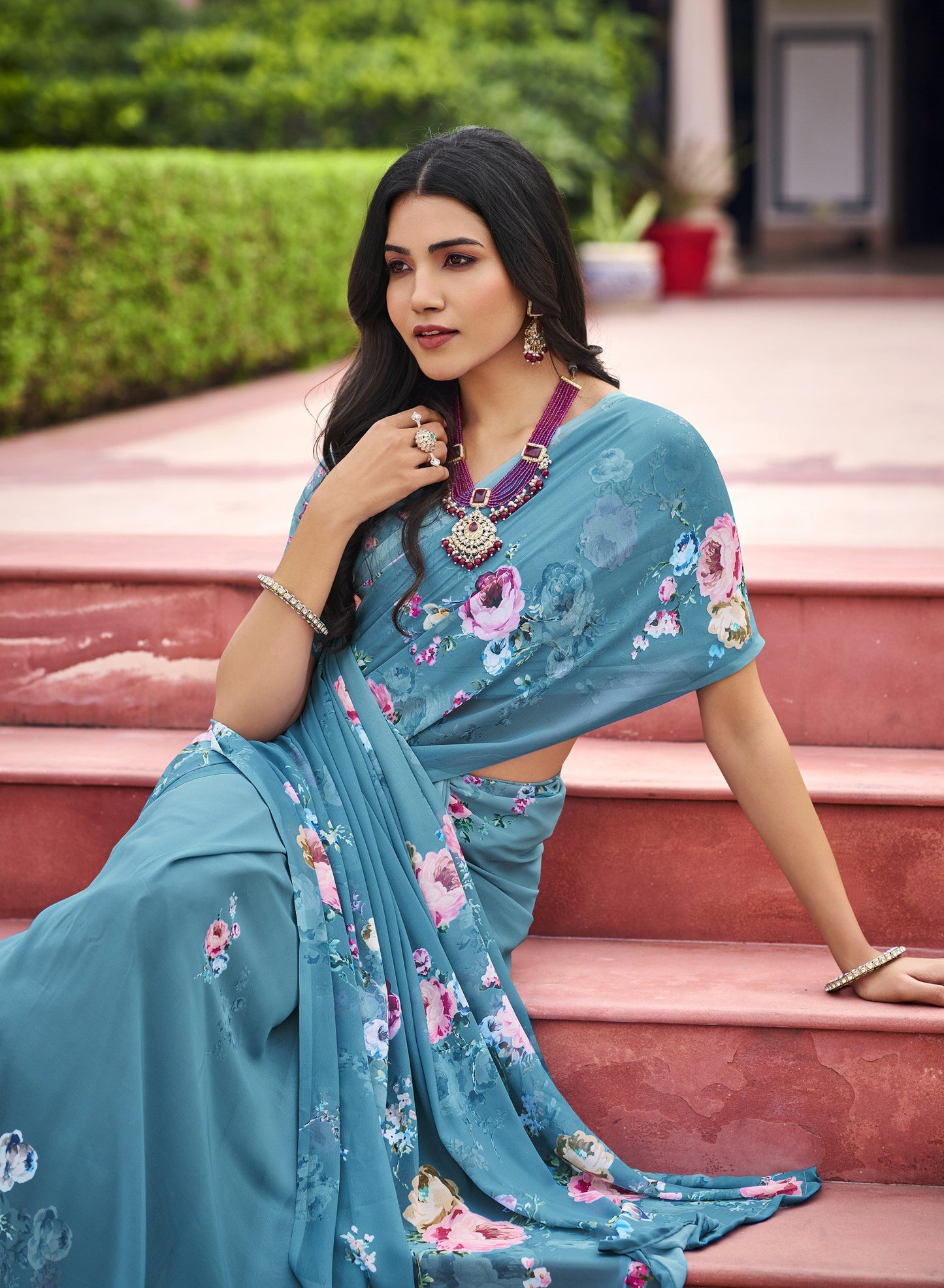 Twisha - Sky Blue Georgette Floral Digital Printed Saree