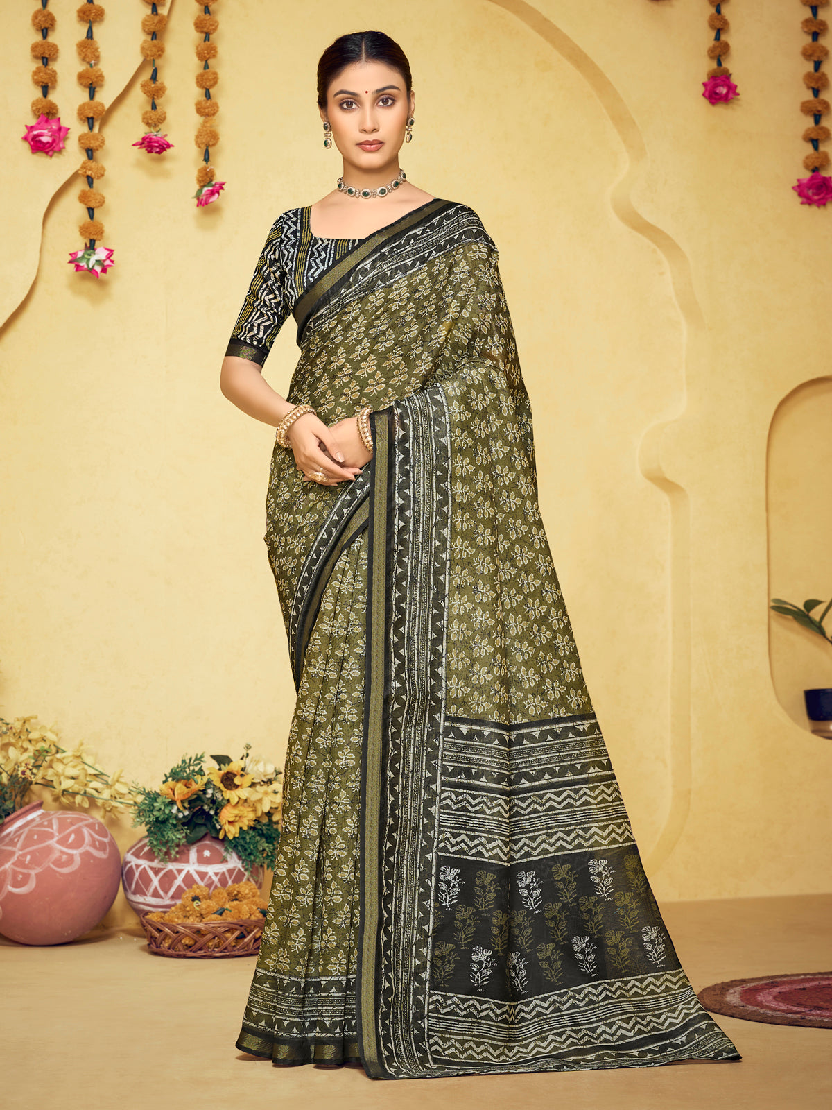 Amrapali - Mehandi Green Chanderi Cotton Digital Printed Saree with Zari Border