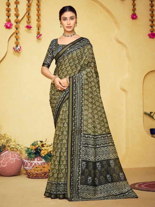Amrapali - Mehandi Green Chanderi Cotton Digital Printed Saree with Zari Border